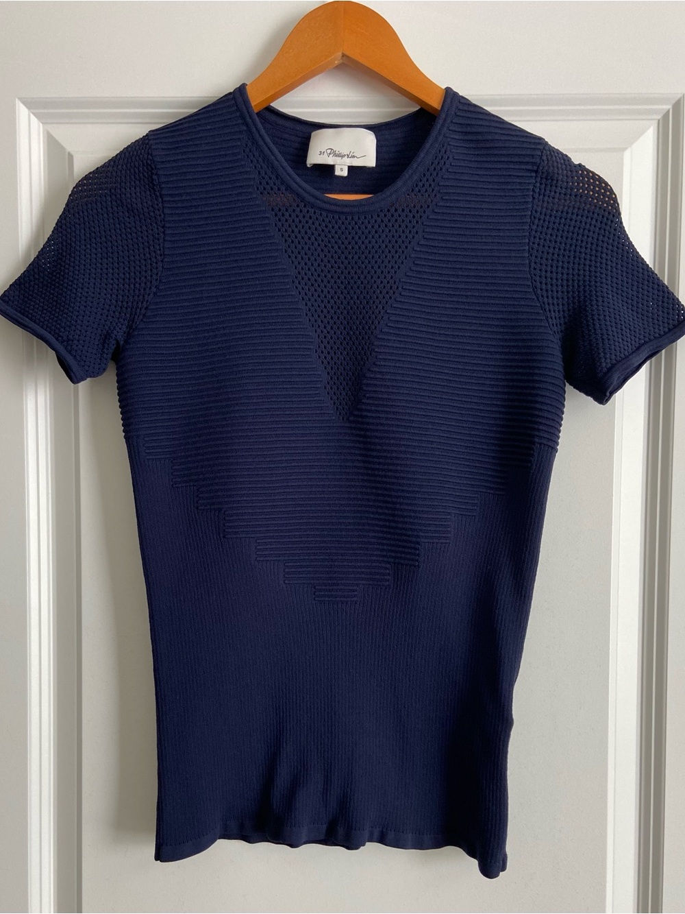 3.1 Phillip Lim Navy Blue Ribbed Mesh Knit Short Sleeve Designer Top Size Small